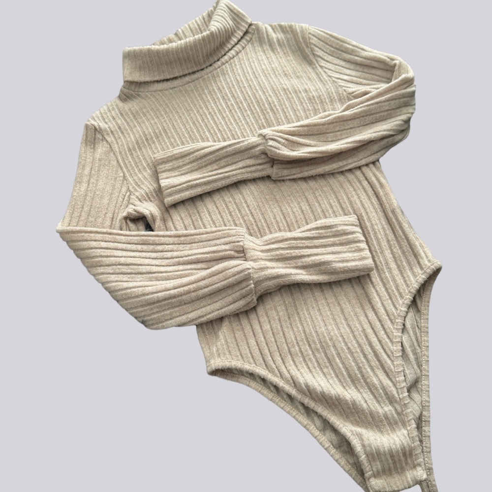 SHEIN Ribbed Knit Bodysuit Beige